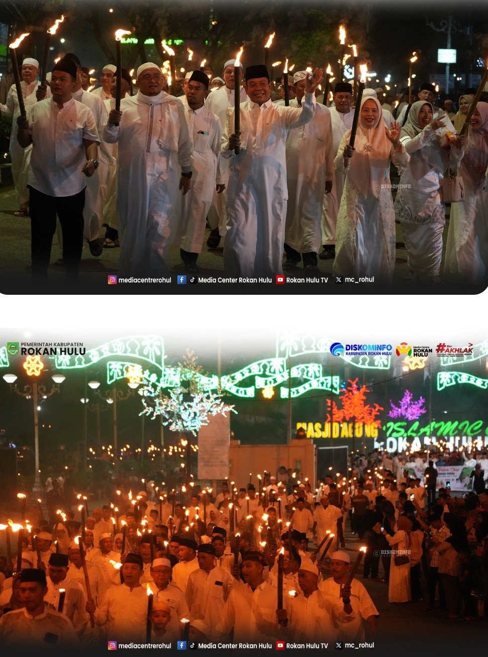 Pawai obor dalam rangka menyambut Hari Raya Idul Fitri 1447 H di Kabupaten Rokan Hulu