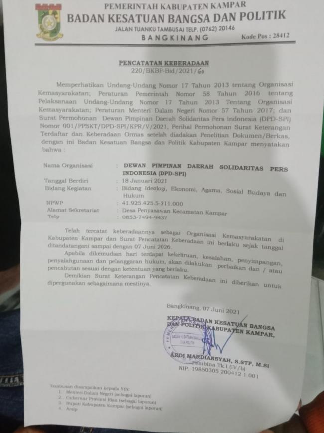 DPD SPI Kampar Resmi Terdaftar di Kesbangpol Kabupaten Kampar